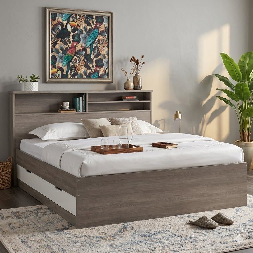 Low grey-oak storage bed with a bookcase headboard and white linens