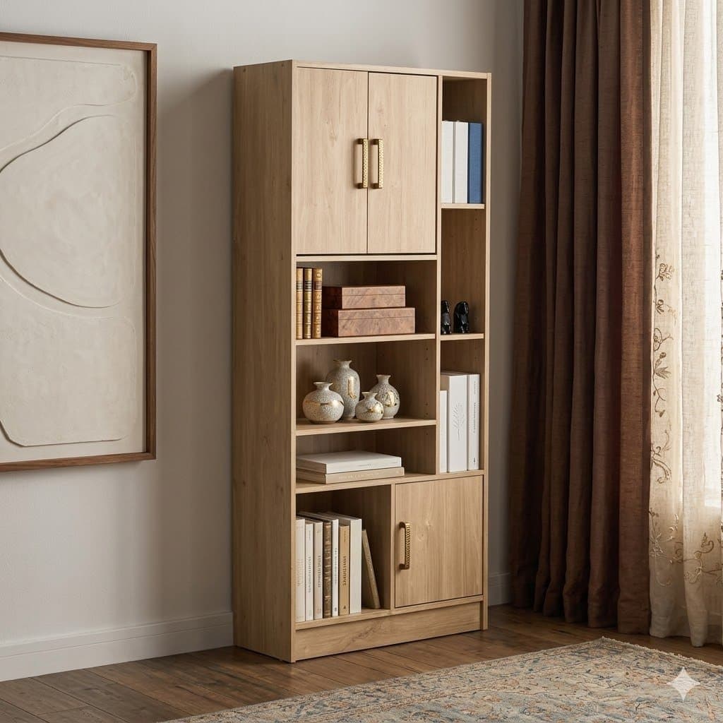 Tall light-oak bookcase with cabinet doors top and bottom and open shelves through the middle