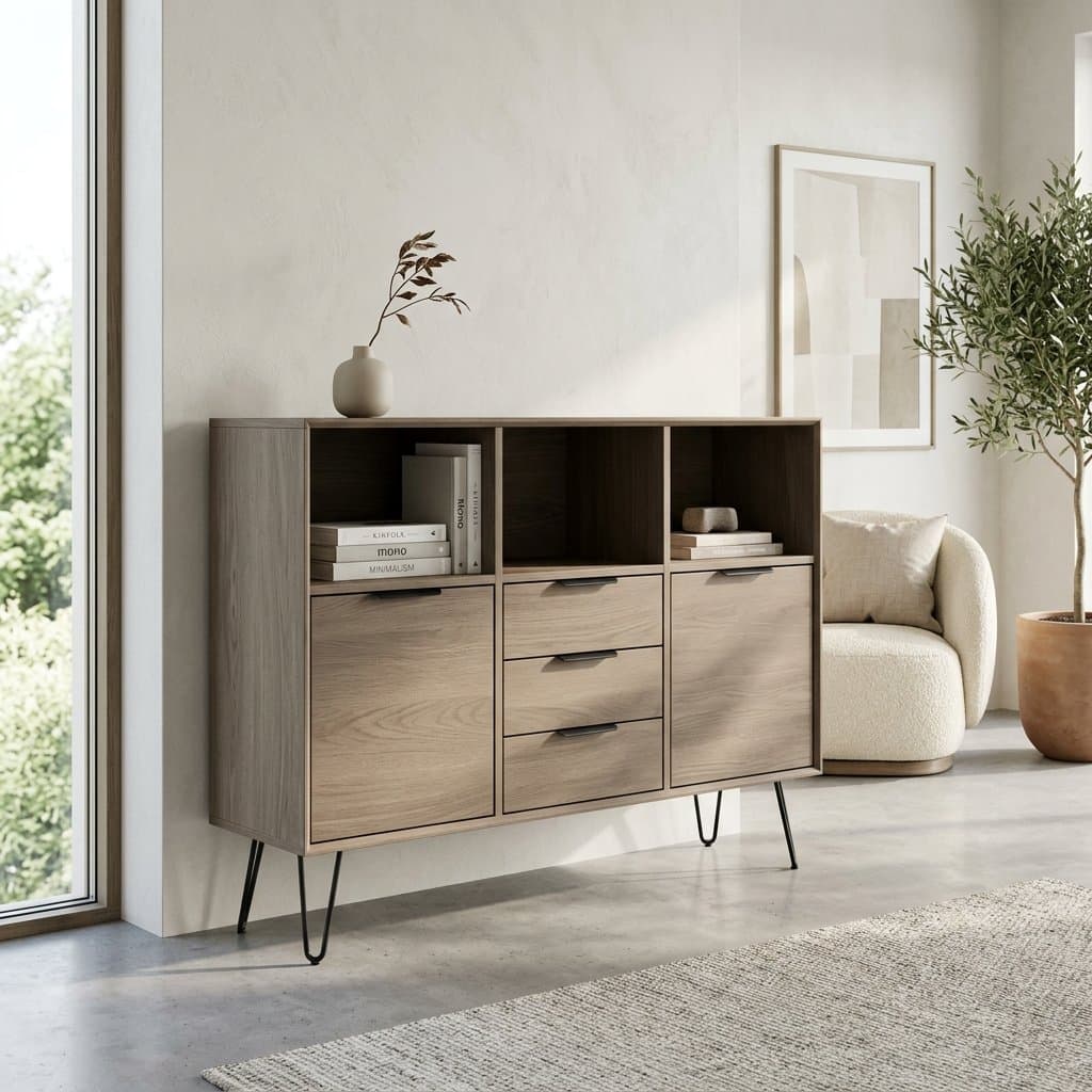 Mid-height timber storage unit on slim black legs with open cubbies, drawers and cabinet doors
