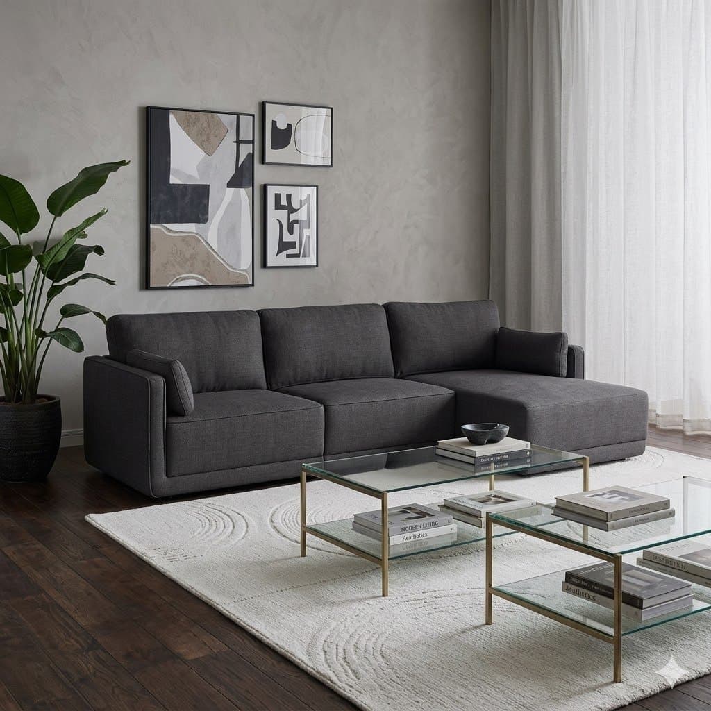Low-profile charcoal fabric chaise sectional in a pale minimalist living room