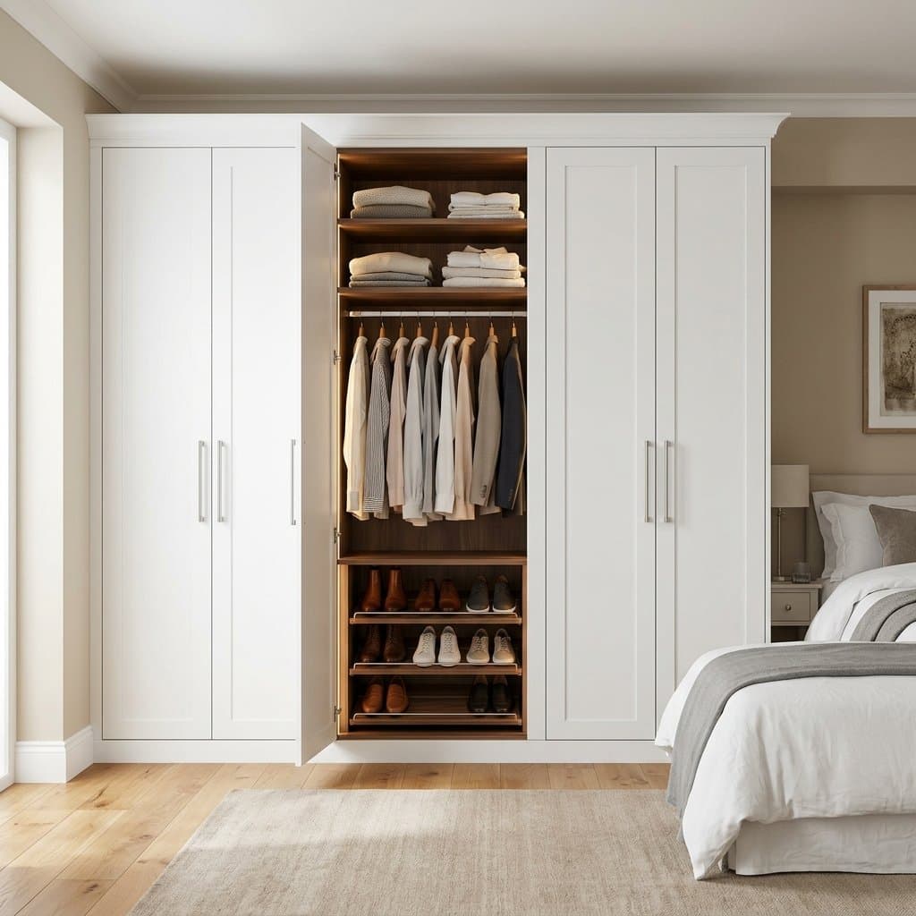 Floor-to-ceiling fitted wardrobe in white shaker doors, one leaf open onto a walnut interior with a hanging rail