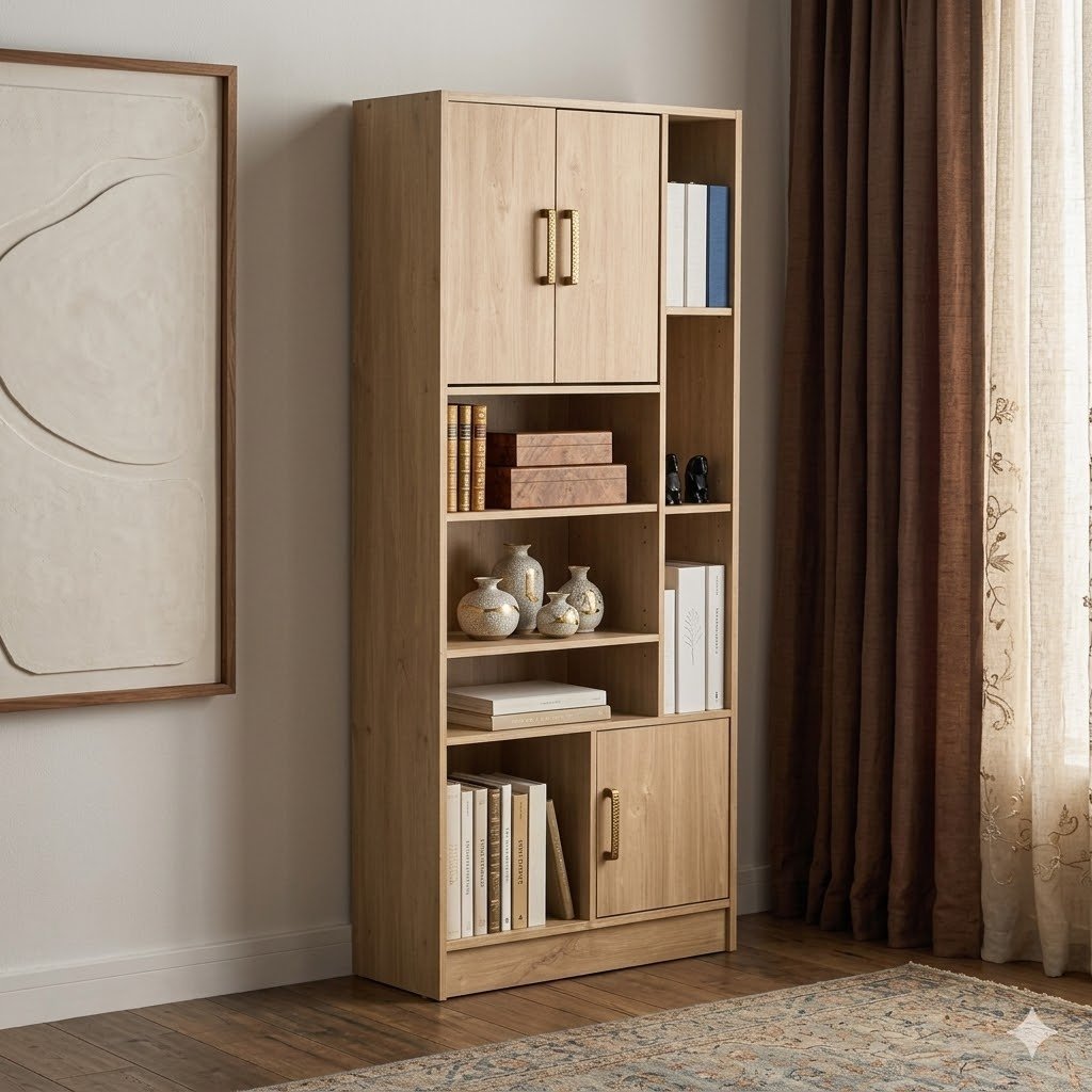 Tall light-oak bookcase with cabinet doors top and bottom and open shelves through the middle