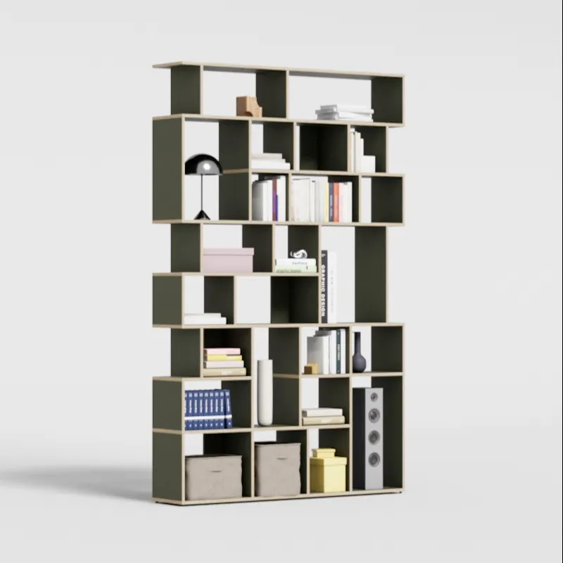 A tall dark bookcase in a corner of a room