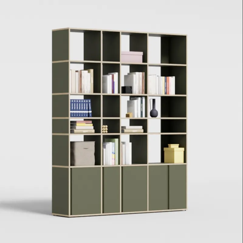 A wide wood-veneer bookcase filling a wall