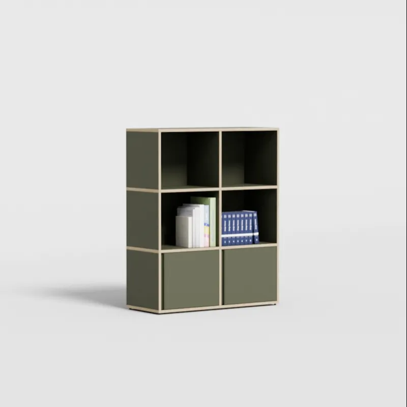 A low warm-toned bookcase under a window