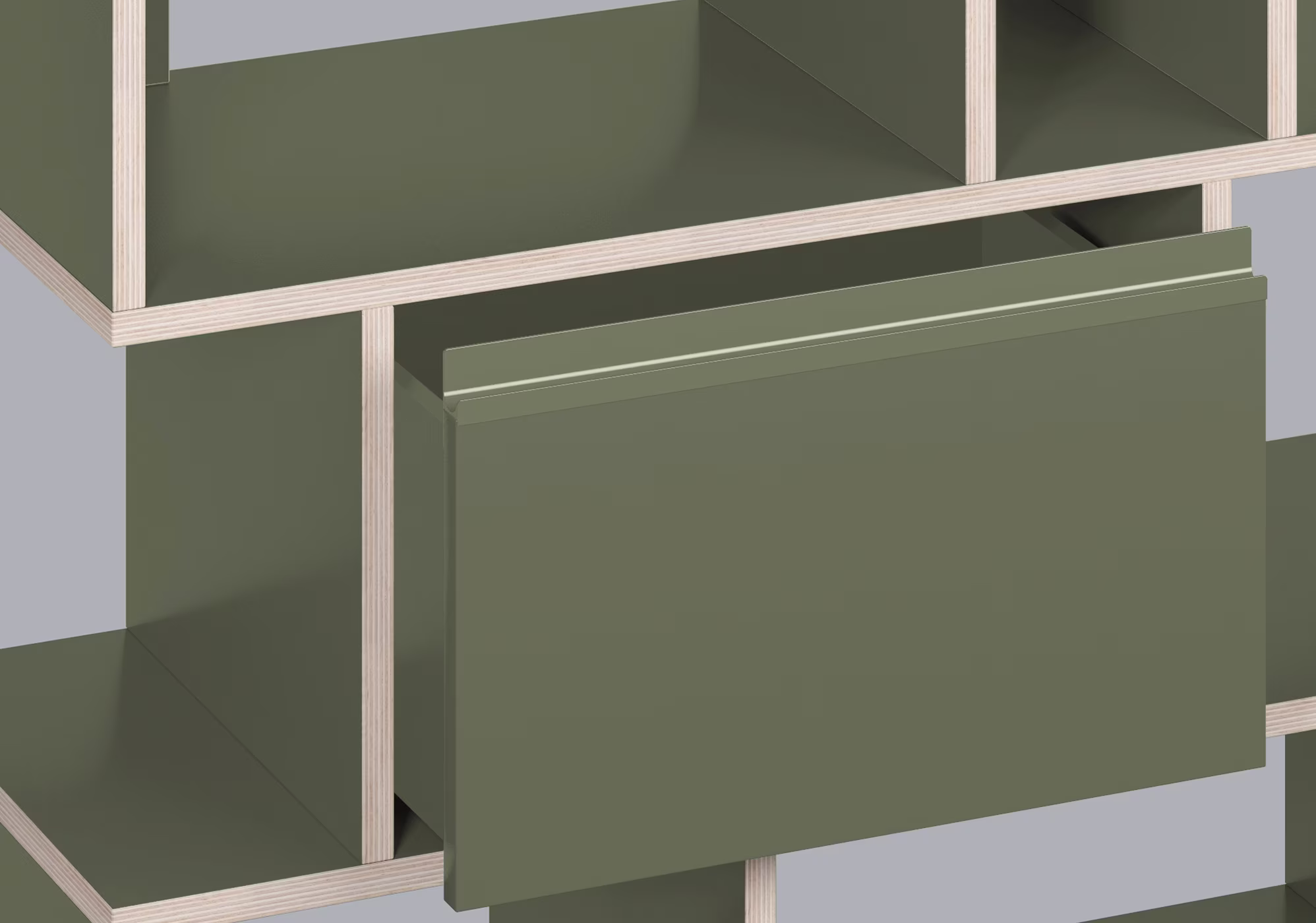 A corner detail where a divider meets a shelf