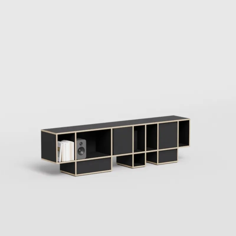 A TV stand in a furnished room