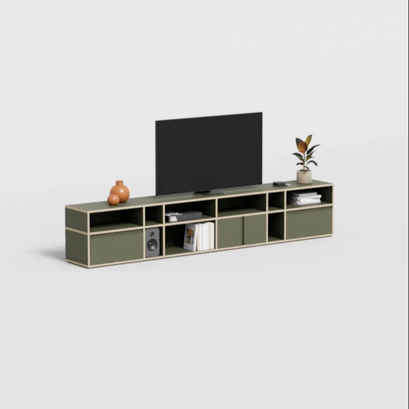 A TV stand in a furnished room
