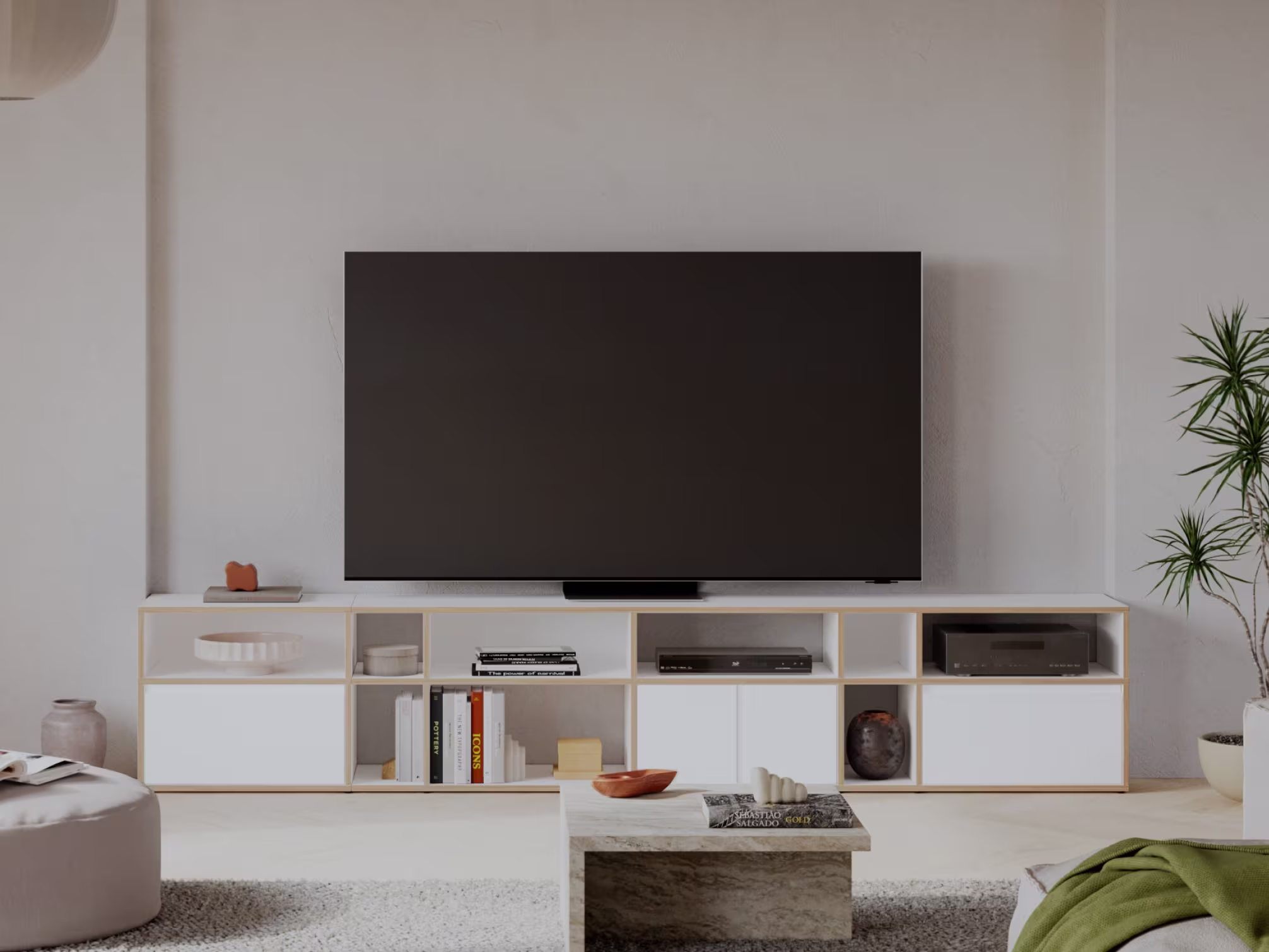A TV stand in a furnished room