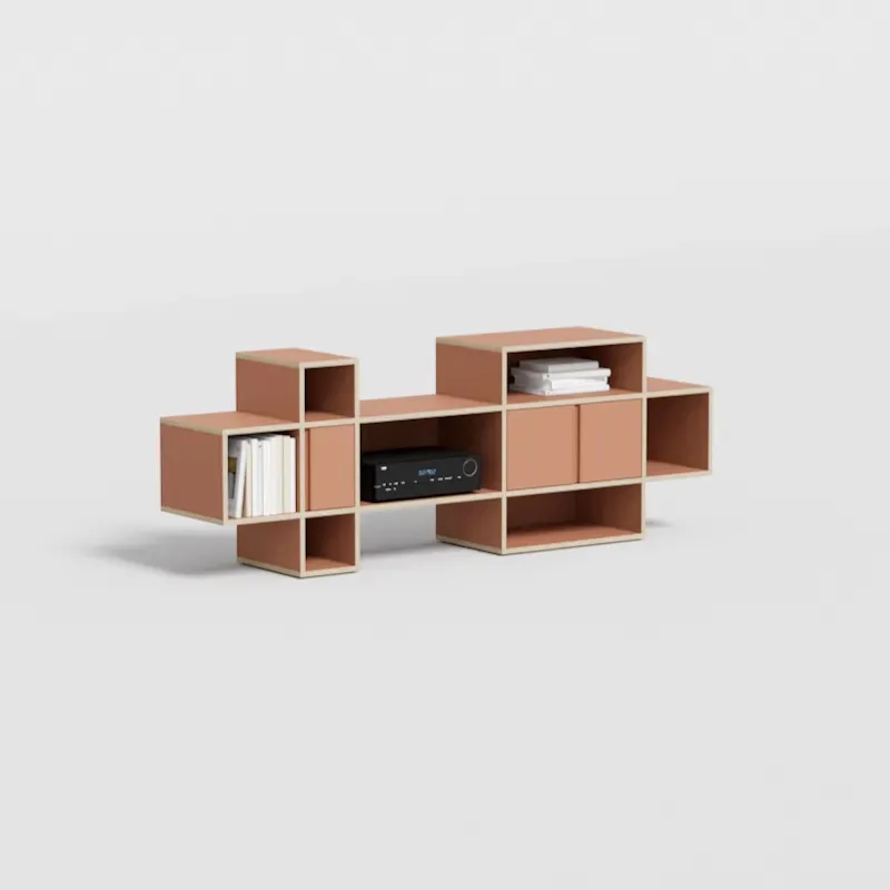 Low plywood TV stand with doors and back panels in a clay brown finish