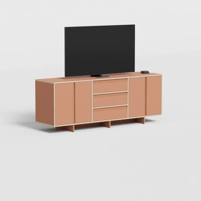 Tv Stand in Clay Brown Plywood with Doors and Drawers