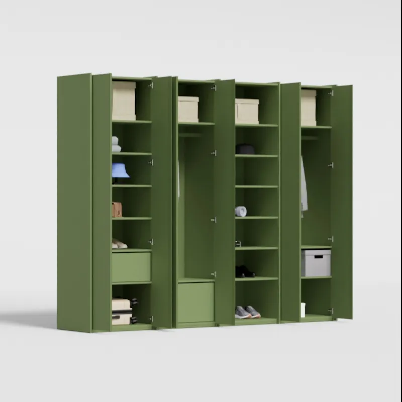 Wardrobe in Olive Green, four columns — internal drawers and rail