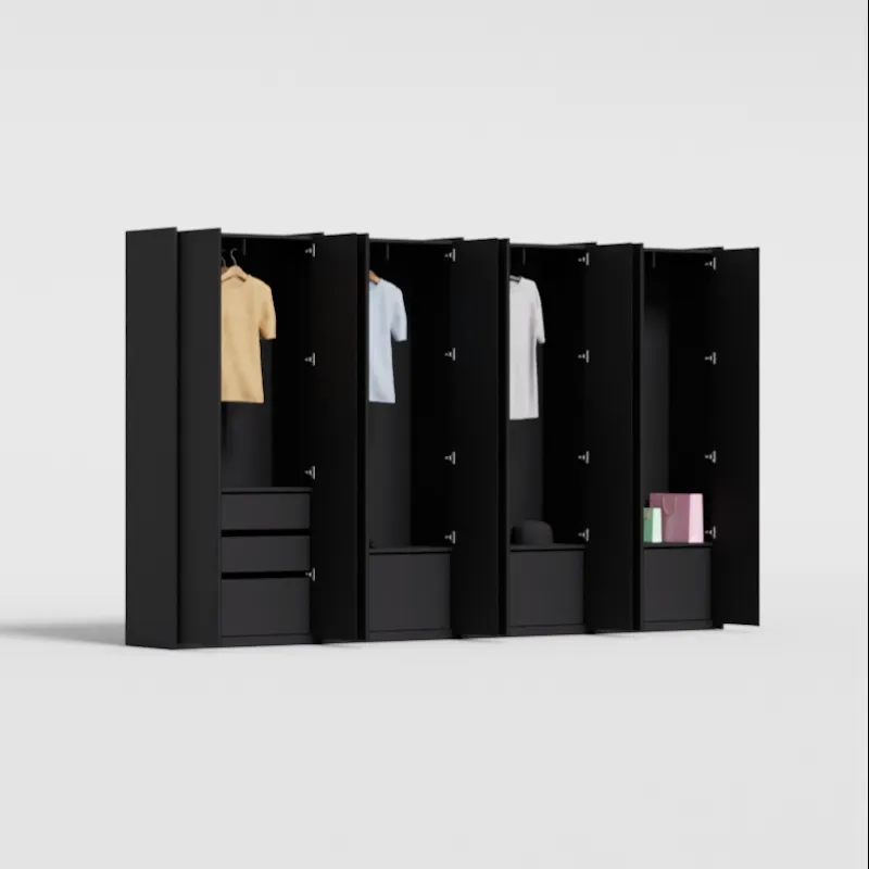 Wardrobe in Onyx, four columns — internal drawers and rail