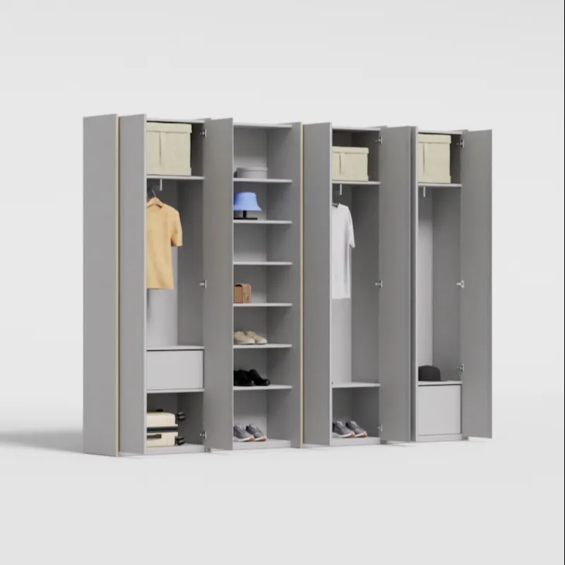 Wardrobe in Light Silver, four columns — internal drawers and rail