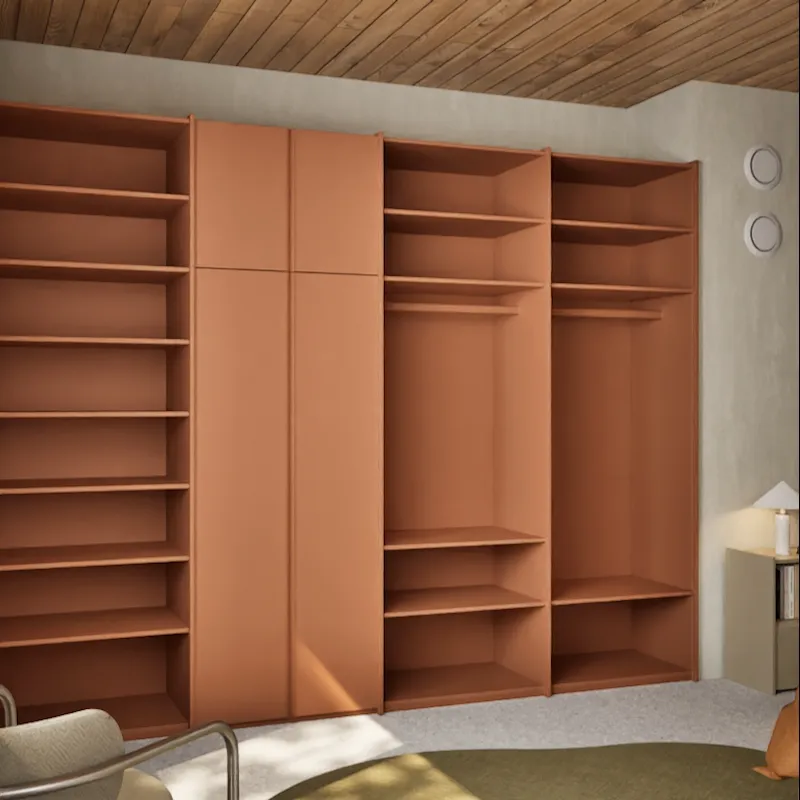 Wardrobe in Clay Brown, four columns — internal drawers and rail