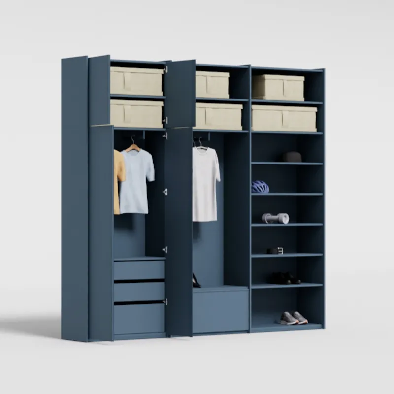 Wardrobe in Dusk Blue, three columns — internal and external drawers