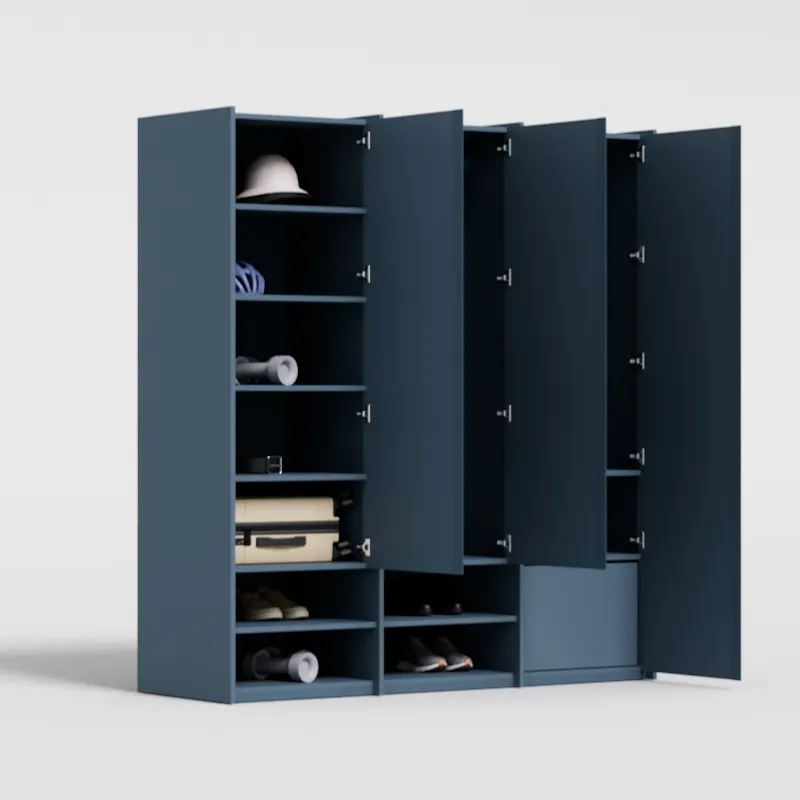 Wardrobe in Dusk Blue, four columns — internal drawers and rail