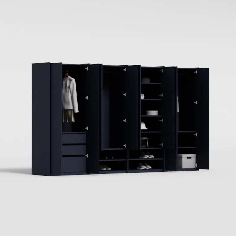Wardrobe in Oxford Navy, four columns — internal drawers and rail