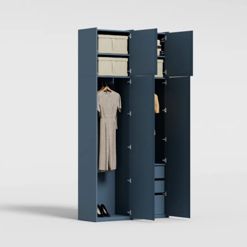 Wardrobe in Dusk Blue, two columns — internal drawers and rail